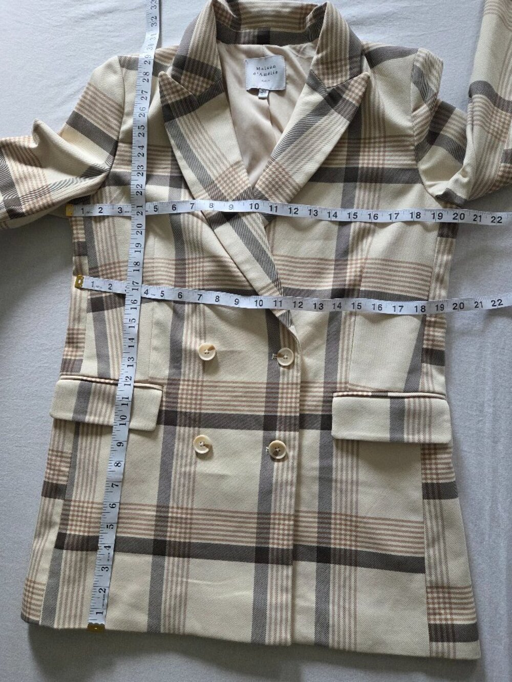 Plaid Double-Breasted Blazer Jacket in Cream - Picture 15 of 16